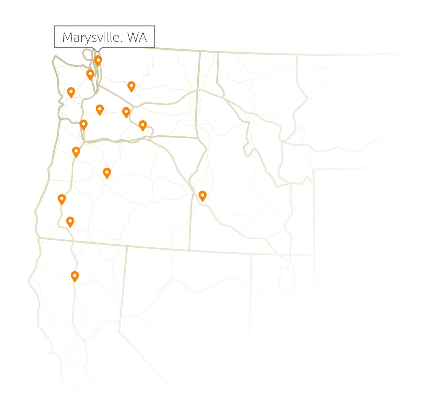 Marysville location on a HiLine Homes location map.