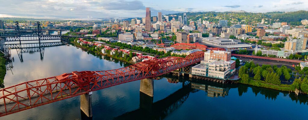 Aerial view of spring in Downtown Portland.