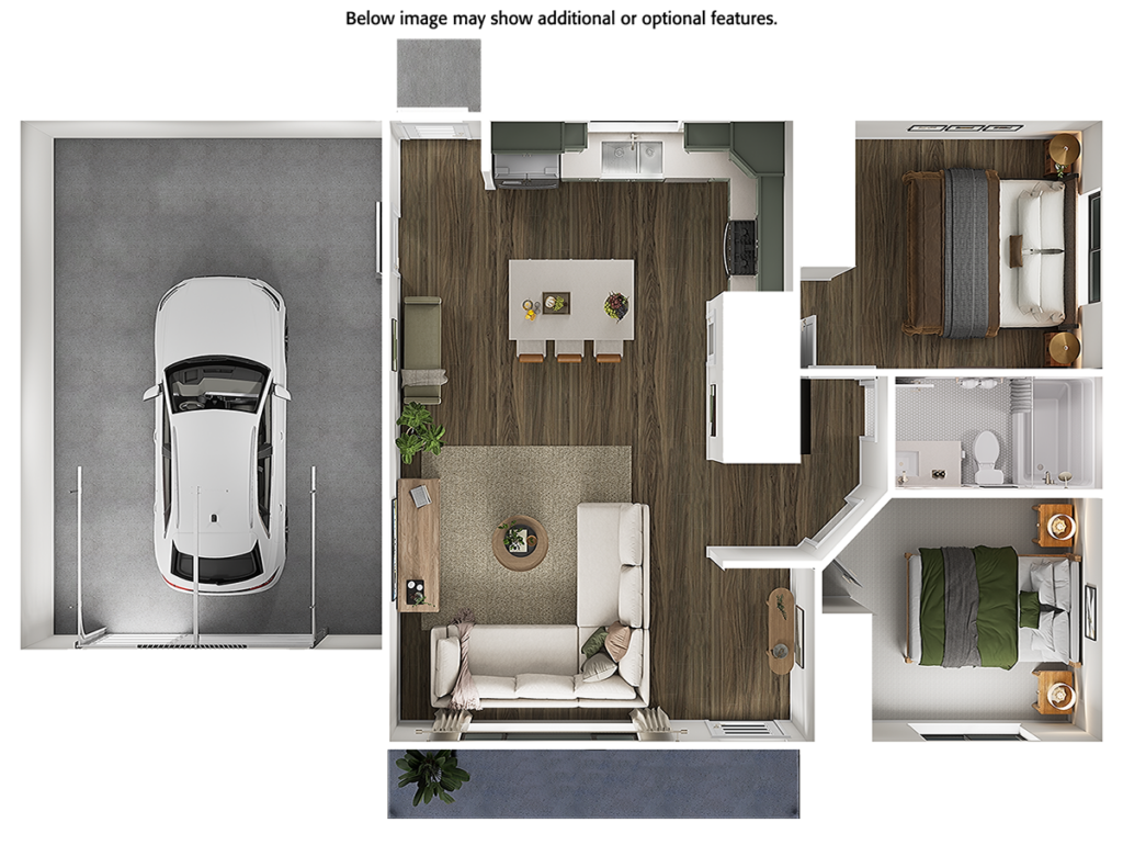 Home Plan 896L 3D floor plan top view with upgrades.