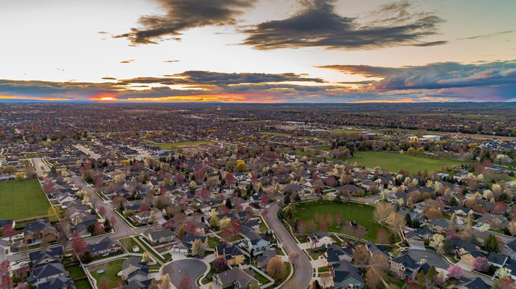 Meridian, Idaho neighborhood at sunset.