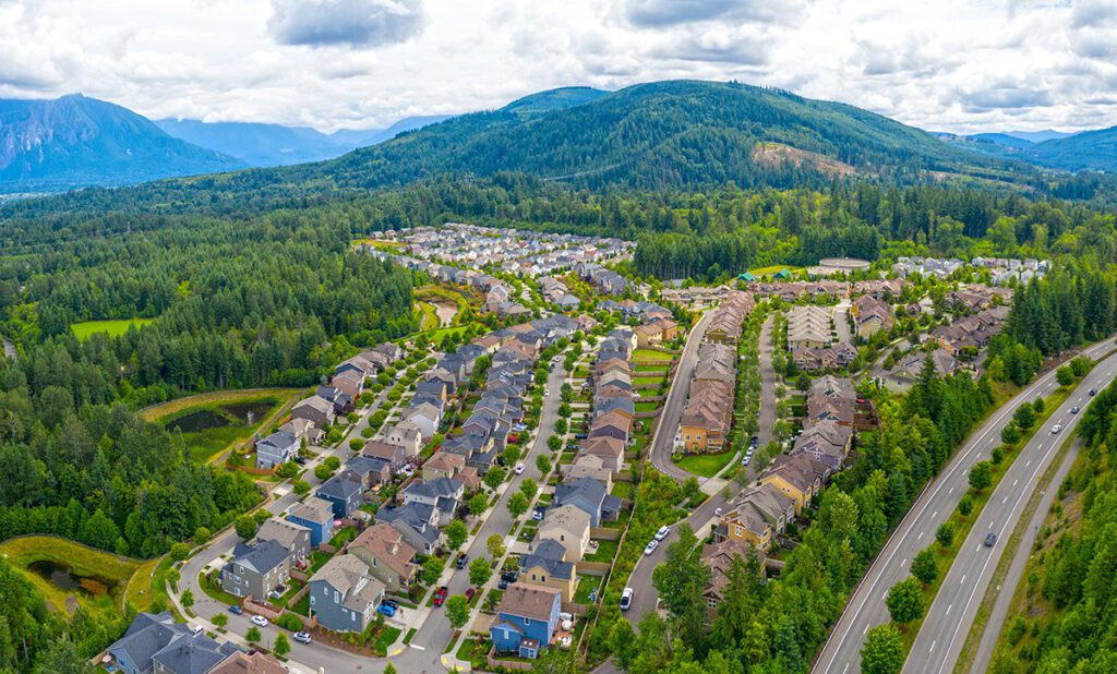 Aerial view of Snoqualmie Ridge Neighborhood in Washington.